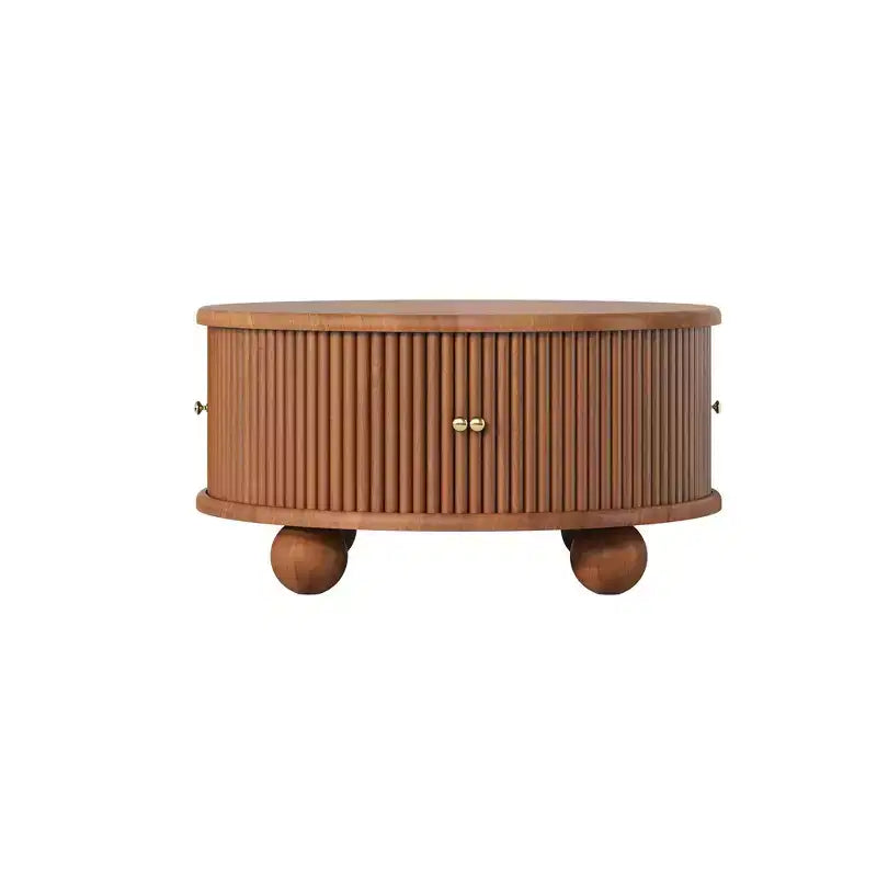 Table basse ronde Whisen 31,8 po avec rangement à porte coulissante dissimulée et base cannelée pour salon