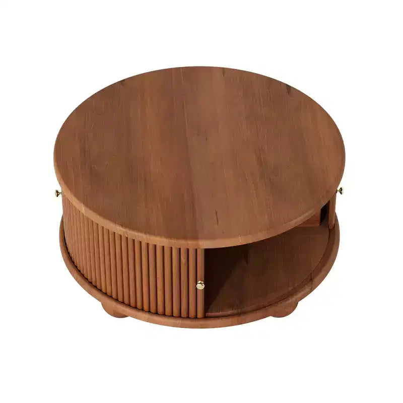 Table basse ronde Whisen 31,8 po avec rangement à porte coulissante dissimulée et base cannelée pour salon