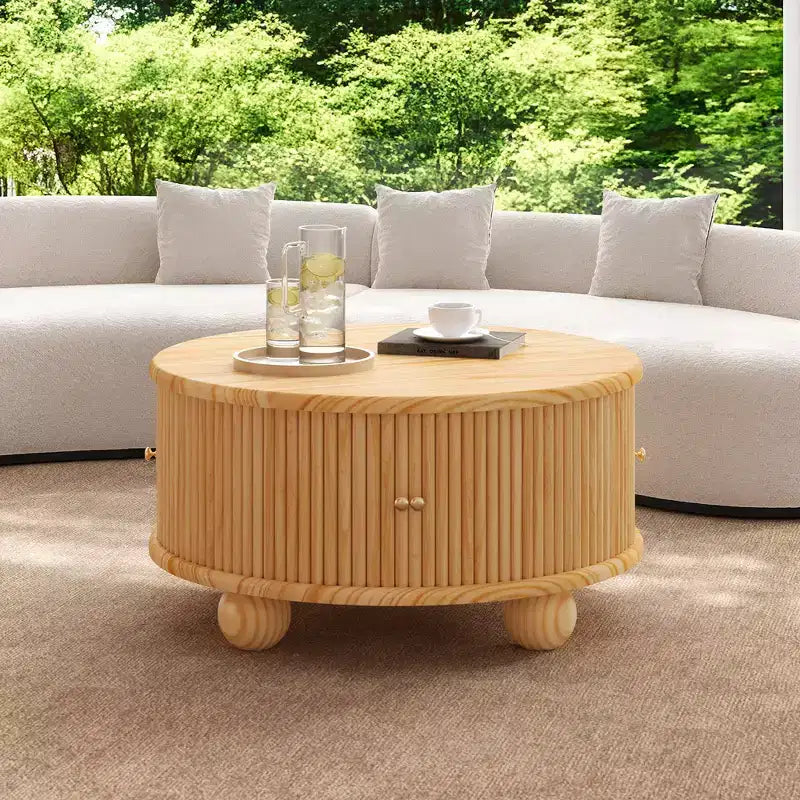Table basse ronde Whisen 31,8 po avec rangement à porte coulissante dissimulée et base cannelée pour salon