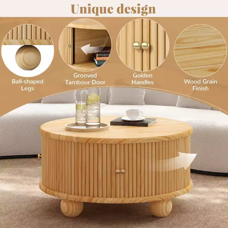 Table basse ronde Whisen 31,8 po avec rangement à porte coulissante dissimulée et base cannelée pour salon