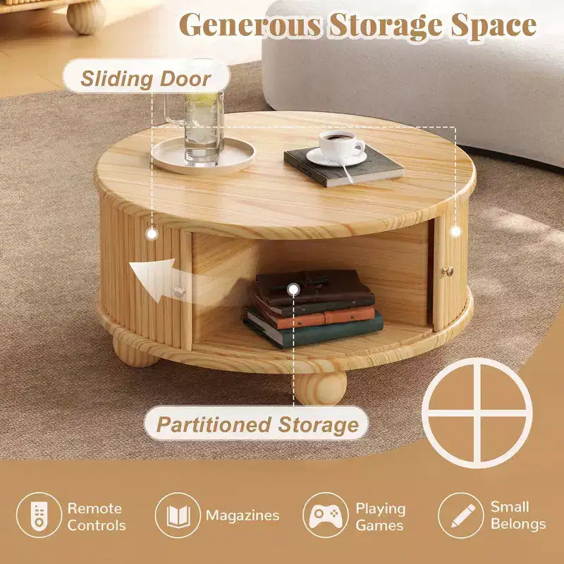 Table basse ronde Whisen 31,8 po avec rangement à porte coulissante dissimulée et base cannelée pour salon
