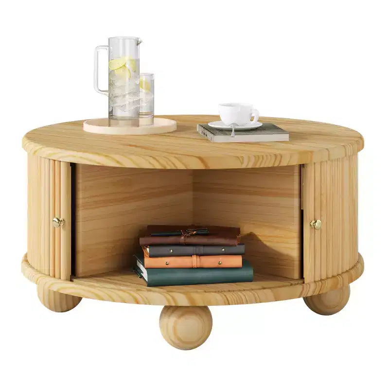 Table basse ronde Whisen 31,8 po avec rangement à porte coulissante dissimulée et base cannelée pour salon