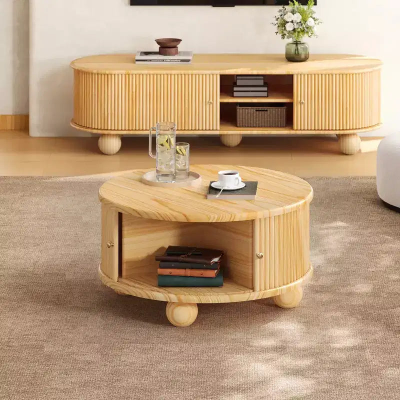 Whisen 31.8 Round Wood Coffee Table with Hidden Sliding Door Storage & Fluted Base for Living Room
