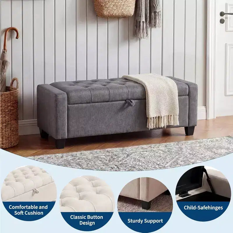 Pouf de rangement, banc de rangement capitonné pour chambre à coucher, banc de bout de lit en tissu 50,8 cm, banc à chaussures rembourré pour entrée