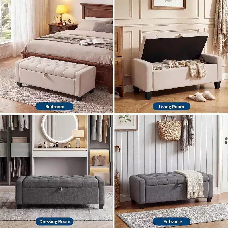 Pouf de rangement, banc de rangement capitonné pour chambre à coucher, banc de bout de lit en tissu 50,8 cm, banc à chaussures rembourré pour entrée