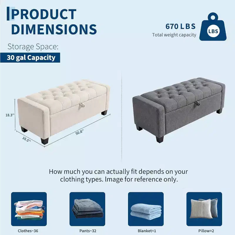 Pouf de rangement, banc de rangement capitonné pour chambre à coucher, banc de bout de lit en tissu 50,8 cm, banc à chaussures rembourré pour entrée