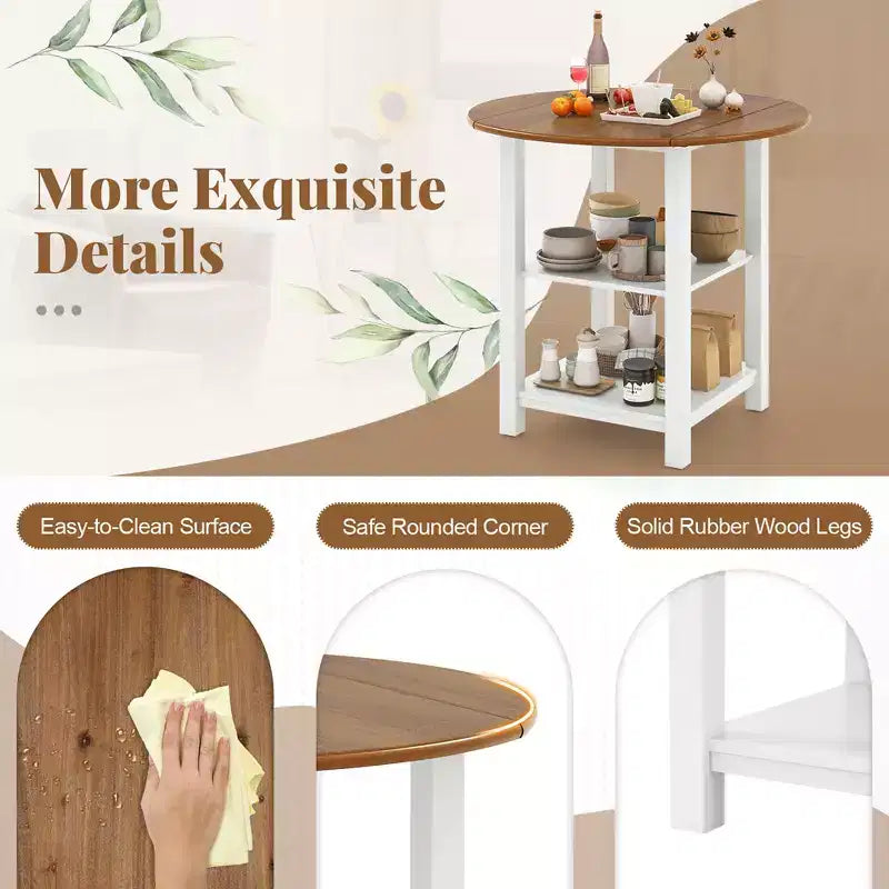 Costway Table de salle à manger ronde pliante à abattants avec 2 étagères pour petits espaces
