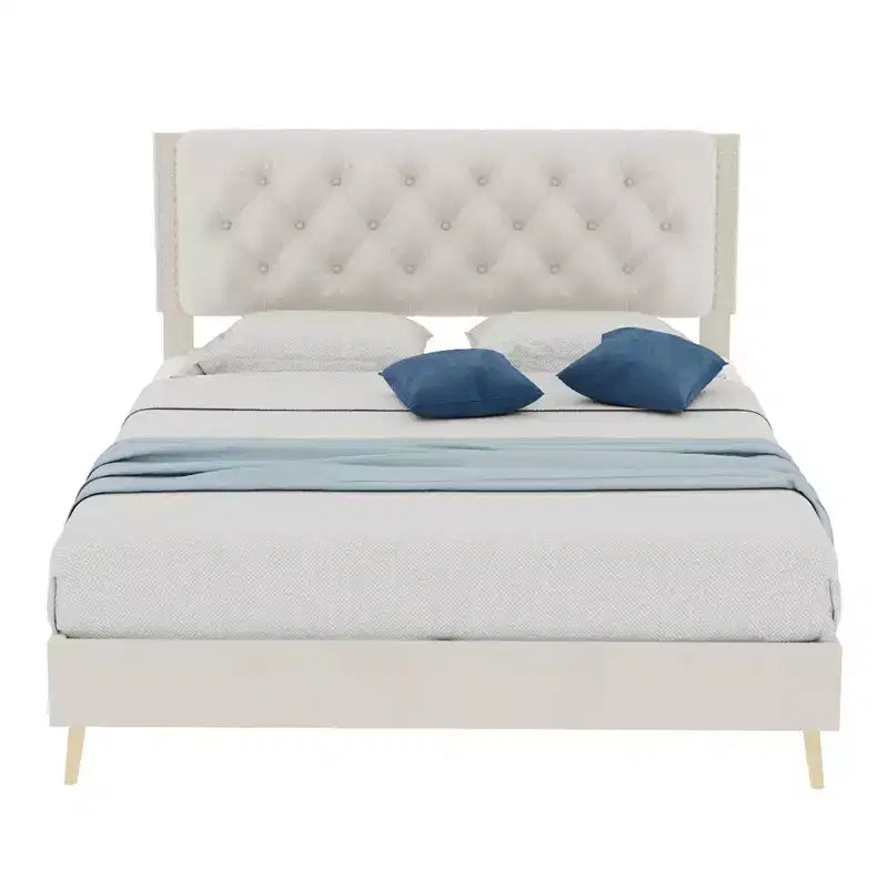 Lit GDFStudio Ruskin moderne en bois et velours avec tête de lit capitonnée