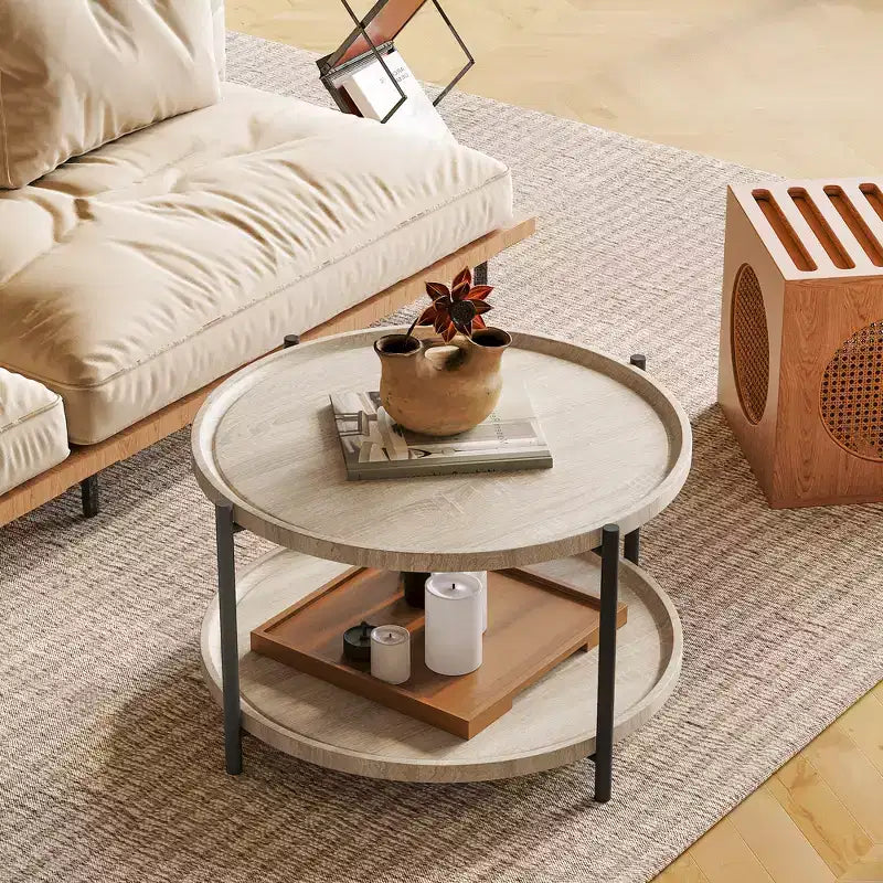 Modern Farmhouse Coffee Table, 30 Inch Round - 2-Tier Storage Shelf - Rustic Wood Top, Sturdy Metal Frame - Easy Assembly, Natural Oak