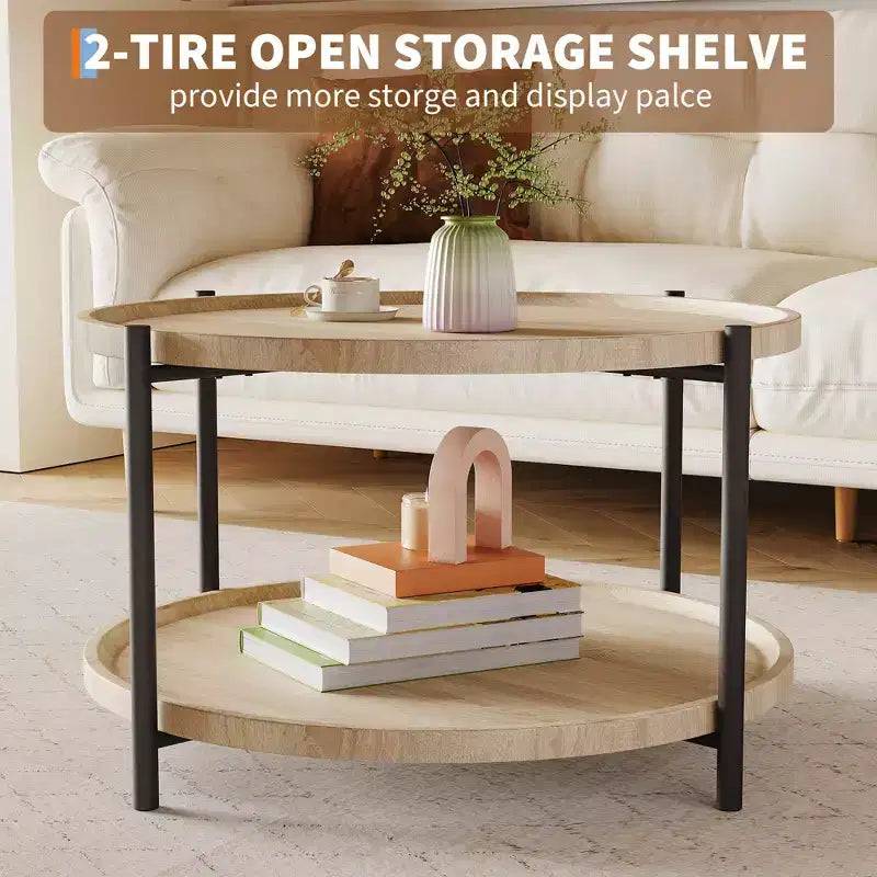 Table basse de style ferme moderne, ronde de 76 cm – Étagère de rangement à 2 niveaux – Dessus en bois rustique, cadre en métal robuste – Montage facile, chêne naturel