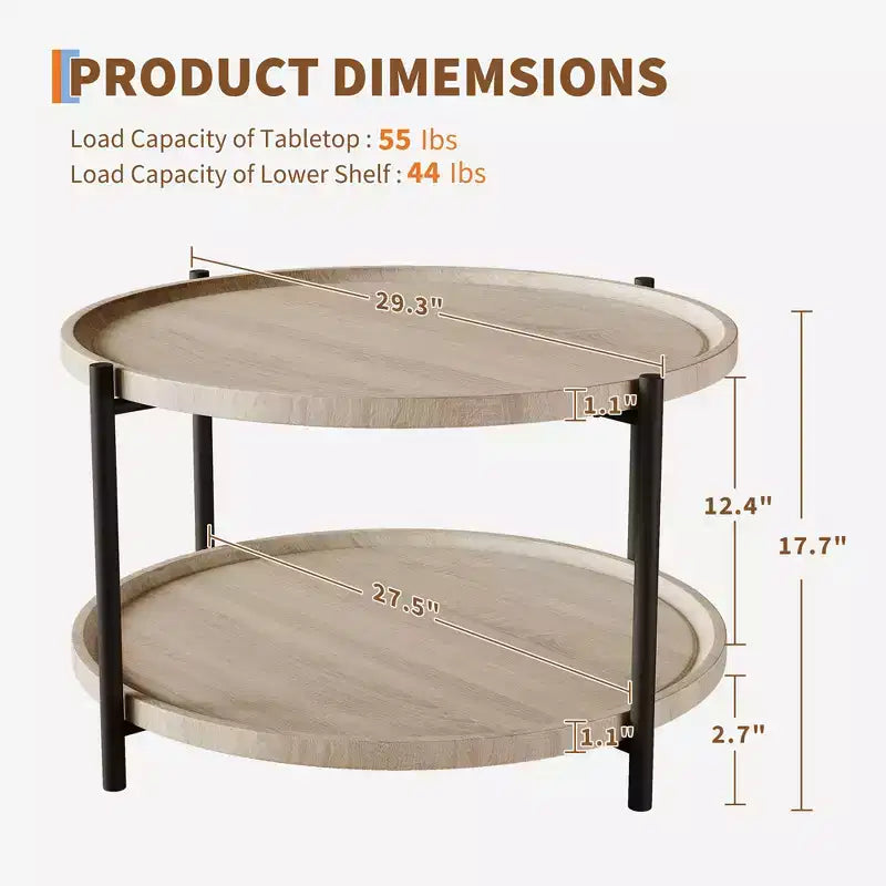 Table basse de style ferme moderne, ronde de 76 cm – Étagère de rangement à 2 niveaux – Dessus en bois rustique, cadre en métal robuste – Montage facile, chêne naturel