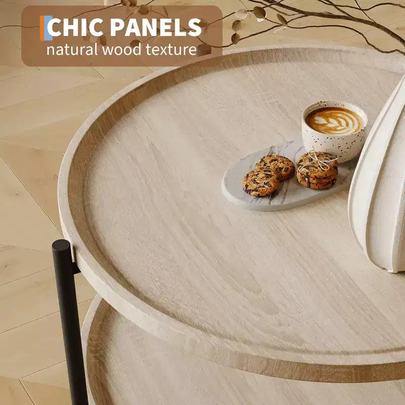 Table basse de style ferme moderne, ronde de 76 cm – Étagère de rangement à 2 niveaux – Dessus en bois rustique, cadre en métal robuste – Montage facile, chêne naturel