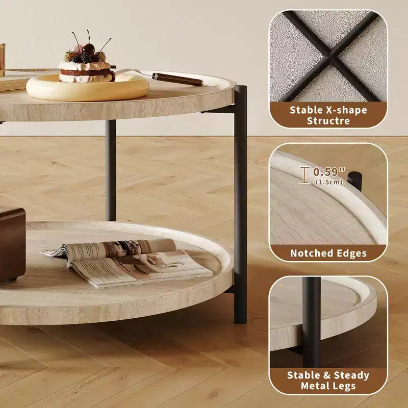 Table basse de style ferme moderne, ronde de 76 cm – Étagère de rangement à 2 niveaux – Dessus en bois rustique, cadre en métal robuste – Montage facile, chêne naturel