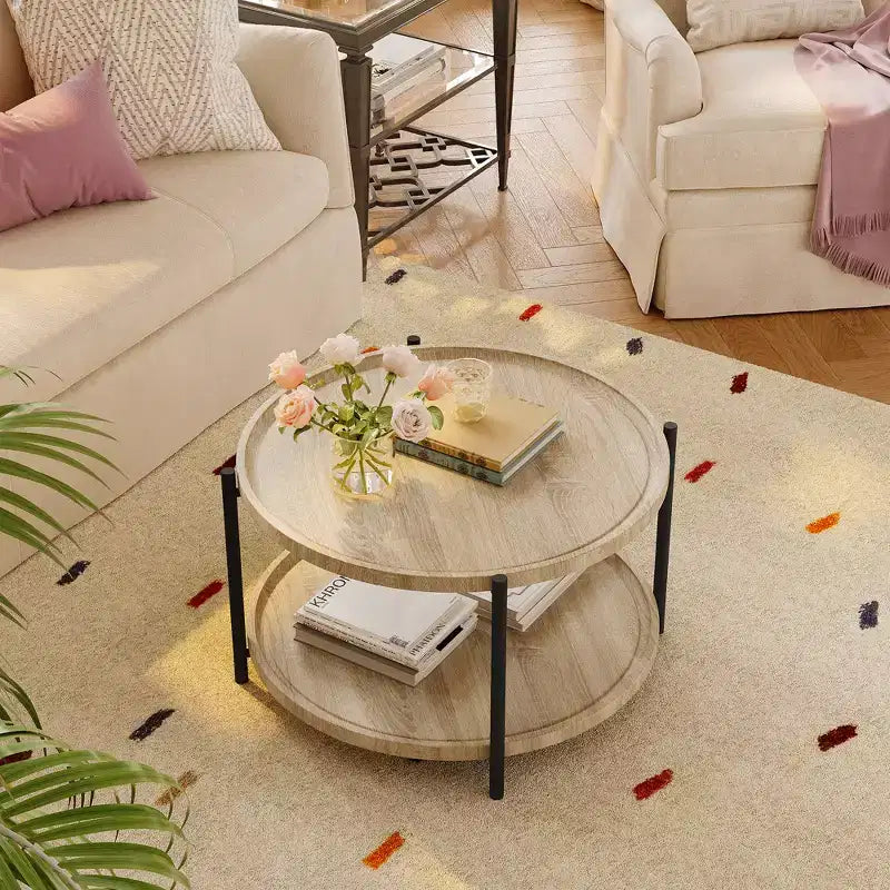 Table basse de style ferme moderne, ronde de 76 cm – Étagère de rangement à 2 niveaux – Dessus en bois rustique, cadre en métal robuste – Montage facile, chêne naturel