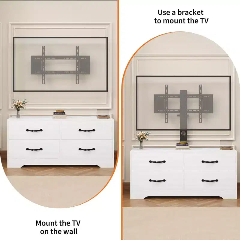 Meuble TV avec support et 4 tiroirs, meuble de divertissement pour téléviseurs jusqu'à 75 pouces, console média moderne avec tiroirs en tissu pour salon et chambre