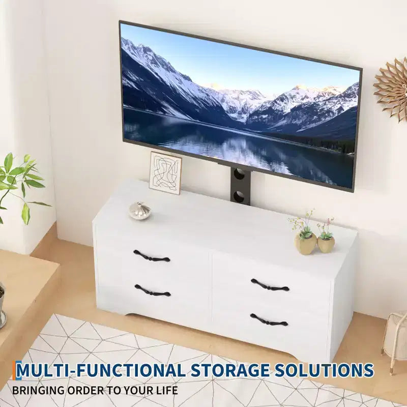 Meuble TV avec support et 4 tiroirs, meuble de divertissement pour téléviseurs jusqu'à 75 pouces, console média moderne avec tiroirs en tissu pour salon et chambre