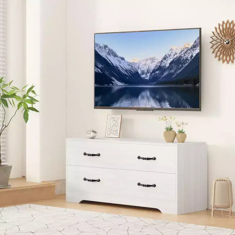 Meuble TV avec support et 4 tiroirs, meuble de divertissement pour téléviseurs jusqu'à 75 pouces, console média moderne avec tiroirs en tissu pour salon et chambre