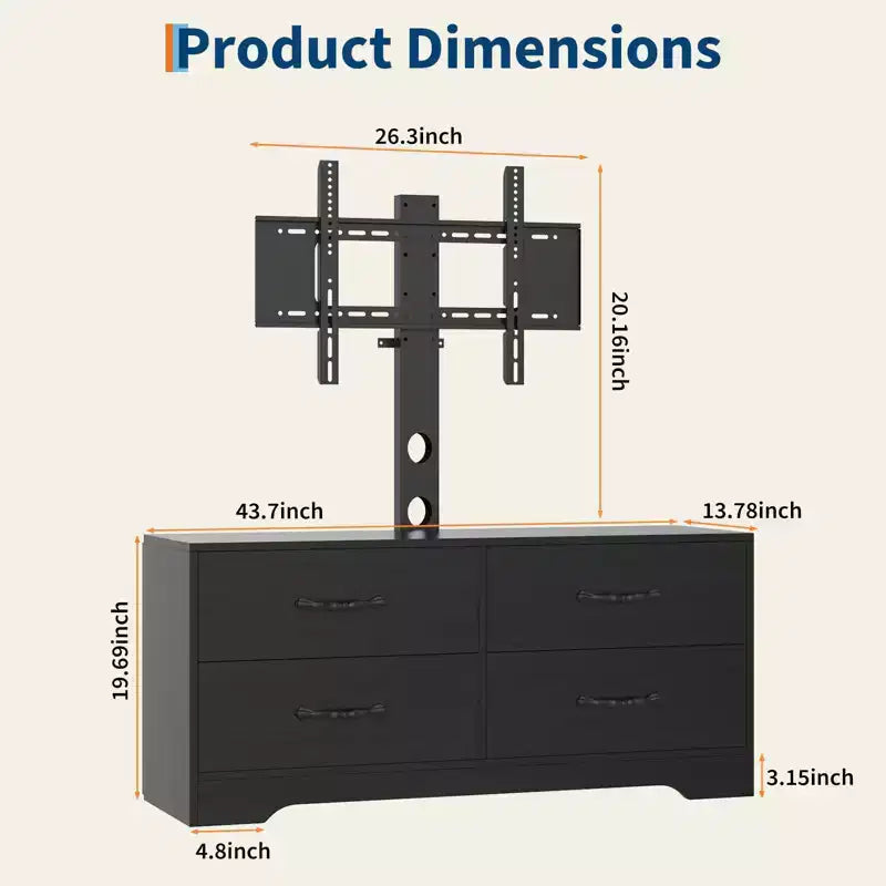 Meuble TV avec support et 4 tiroirs, meuble de divertissement pour téléviseurs jusqu'à 75 pouces, console média moderne avec tiroirs en tissu pour salon et chambre