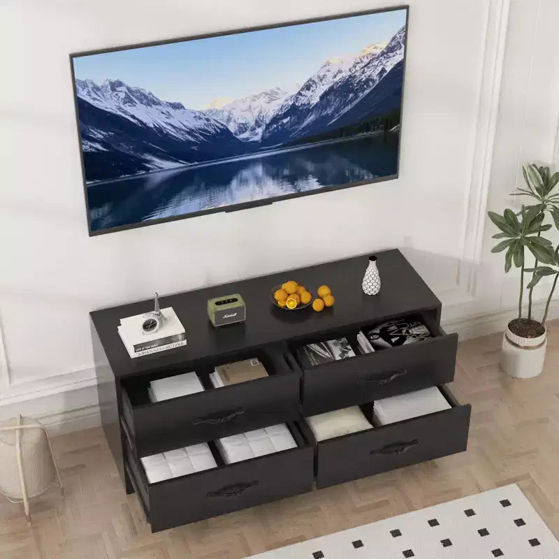 Meuble TV avec support et 4 tiroirs, meuble de divertissement pour téléviseurs jusqu'à 75 pouces, console média moderne avec tiroirs en tissu pour salon et chambre