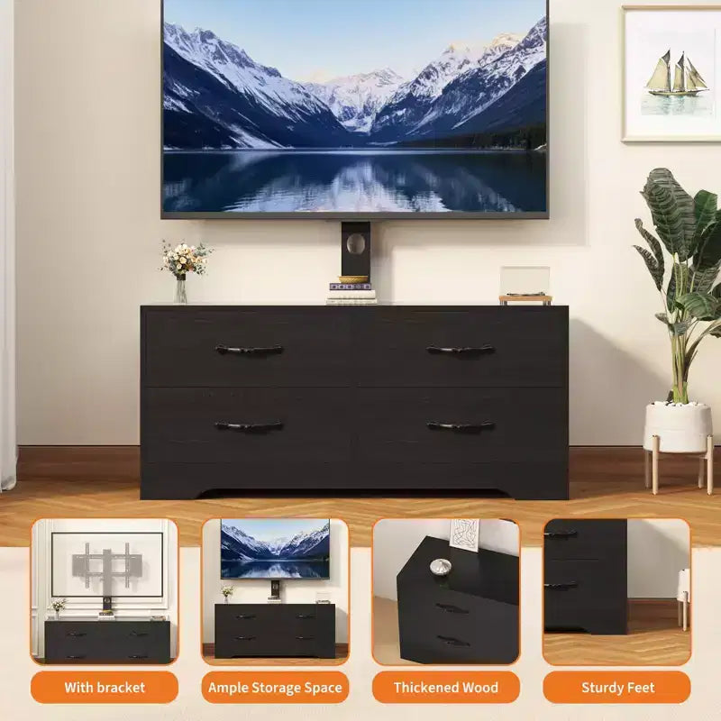 Meuble TV avec support et 4 tiroirs, meuble de divertissement pour téléviseurs jusqu'à 75 pouces, console média moderne avec tiroirs en tissu pour salon et chambre