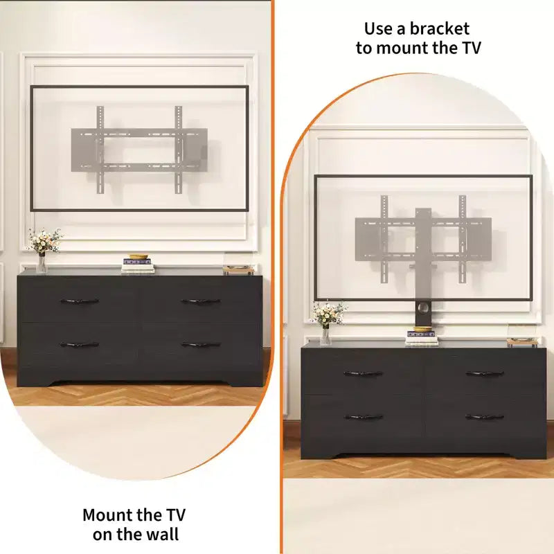 Meuble TV avec support et 4 tiroirs, meuble de divertissement pour téléviseurs jusqu'à 75 pouces, console média moderne avec tiroirs en tissu pour salon et chambre