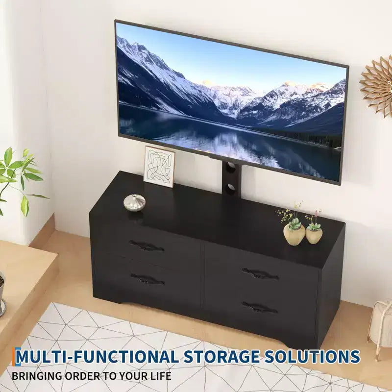 Meuble TV avec support et 4 tiroirs, meuble de divertissement pour téléviseurs jusqu'à 75 pouces, console média moderne avec tiroirs en tissu pour salon et chambre