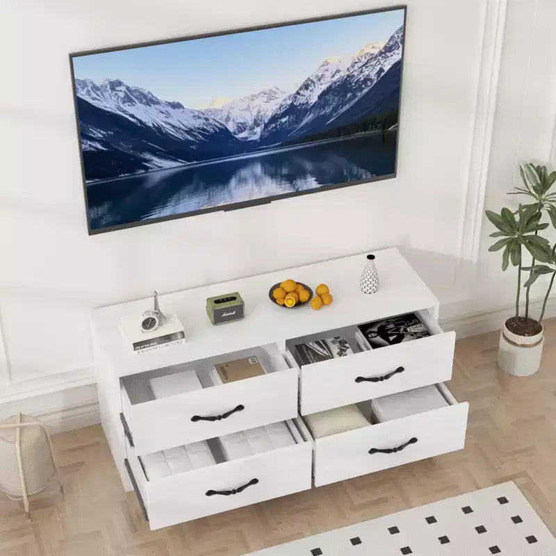 Meuble TV avec support et 4 tiroirs, meuble de divertissement pour téléviseurs jusqu'à 75 pouces, console média moderne avec tiroirs en tissu pour salon et chambre