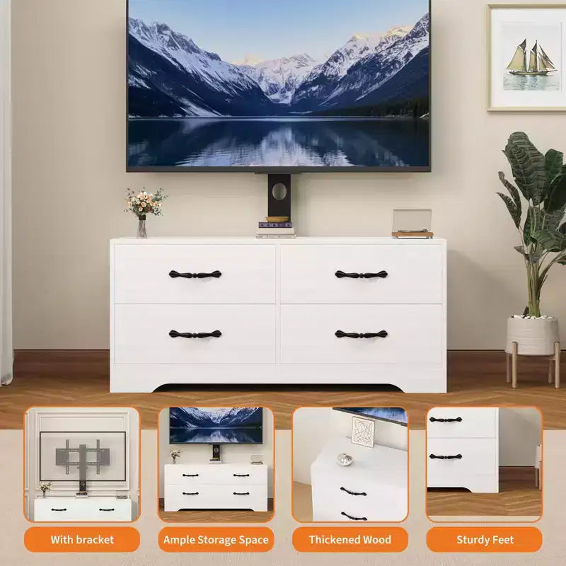Meuble TV avec support et 4 tiroirs, meuble de divertissement pour téléviseurs jusqu'à 75 pouces, console média moderne avec tiroirs en tissu pour salon et chambre