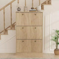 Acekool Oak Fluted Shoe Cabinet with 3 Flip Drawers Adjustable Shelf Narrow Organizer for Hallway & Bedroom