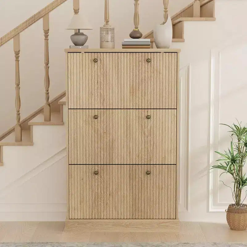 Acekool Oak Fluted Shoe Cabinet with 3 Flip Drawers Adjustable Shelf Narrow Organizer for Hallway & Bedroom