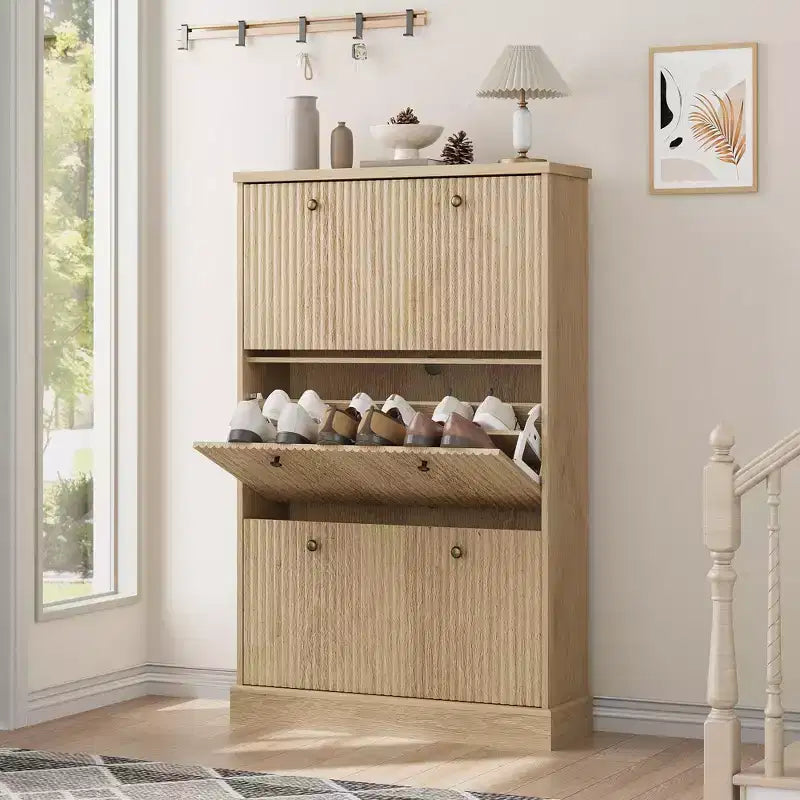 Meuble à chaussures Acekool Oak Fluted avec 3 tiroirs basculants, étagère réglable, organisateur étroit pour couloir et chambre à coucher