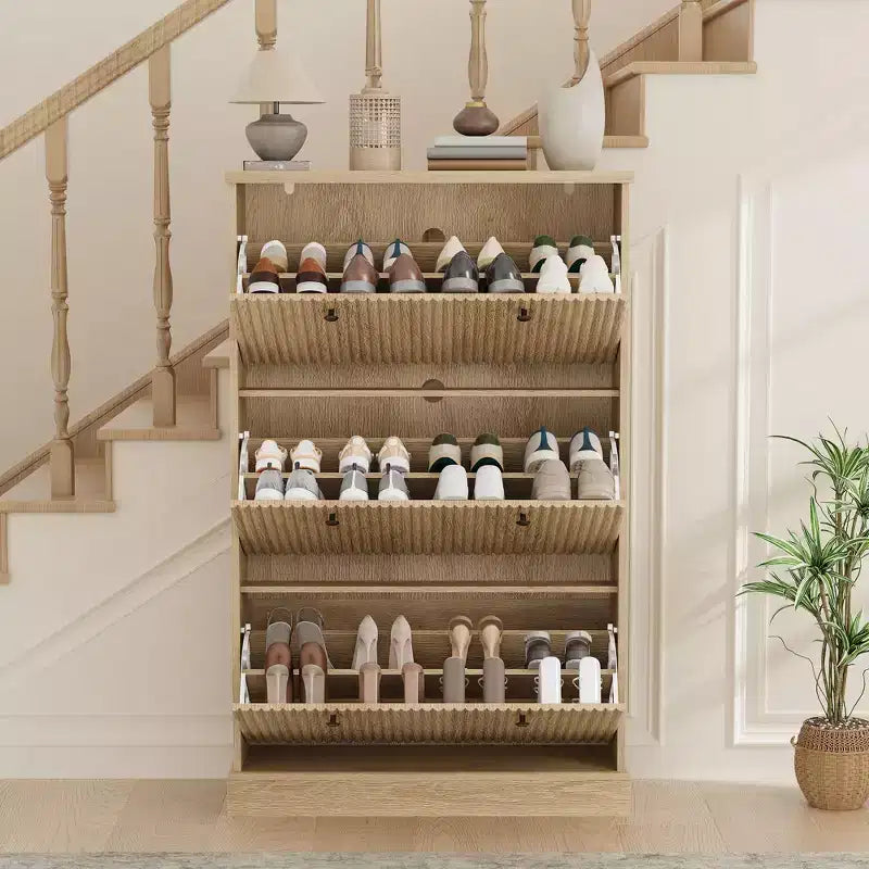 Meuble à chaussures Acekool Oak Fluted avec 3 tiroirs basculants, étagère réglable, organisateur étroit pour couloir et chambre à coucher