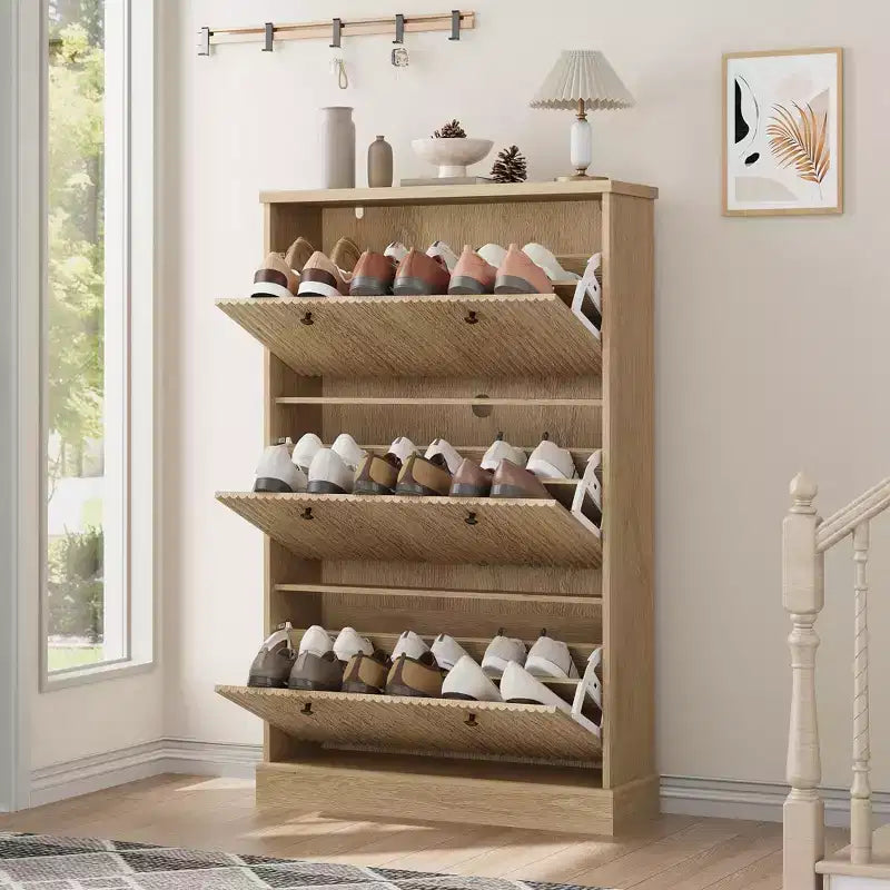 Meuble à chaussures Acekool Oak Fluted avec 3 tiroirs basculants, étagère réglable, organisateur étroit pour couloir et chambre à coucher
