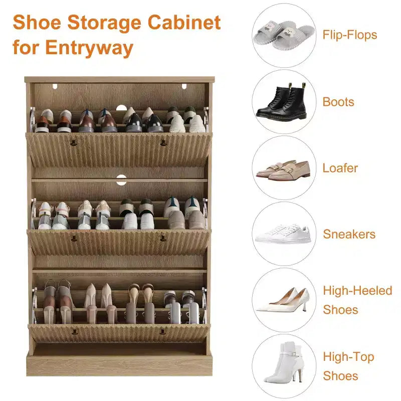 Meuble à chaussures Acekool Oak Fluted avec 3 tiroirs basculants, étagère réglable, organisateur étroit pour couloir et chambre à coucher