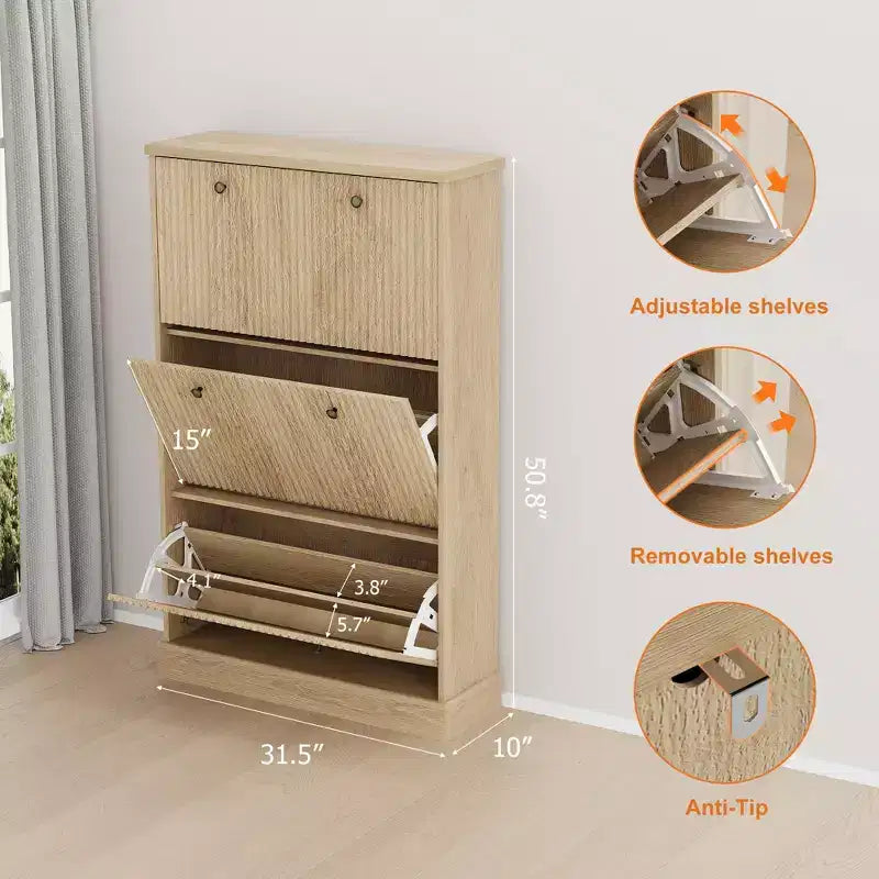 Meuble à chaussures Acekool Oak Fluted avec 3 tiroirs basculants, étagère réglable, organisateur étroit pour couloir et chambre à coucher