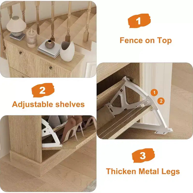 Meuble à chaussures Acekool Oak Fluted avec 3 tiroirs basculants, étagère réglable, organisateur étroit pour couloir et chambre à coucher
