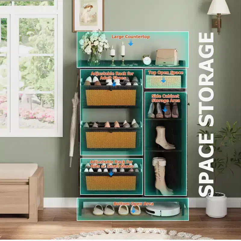 Meuble à chaussures 4 niveaux Acekool en rotin avec 3 tiroirs basculants, organiseur d'entrée peu encombrant pour couloir et placard