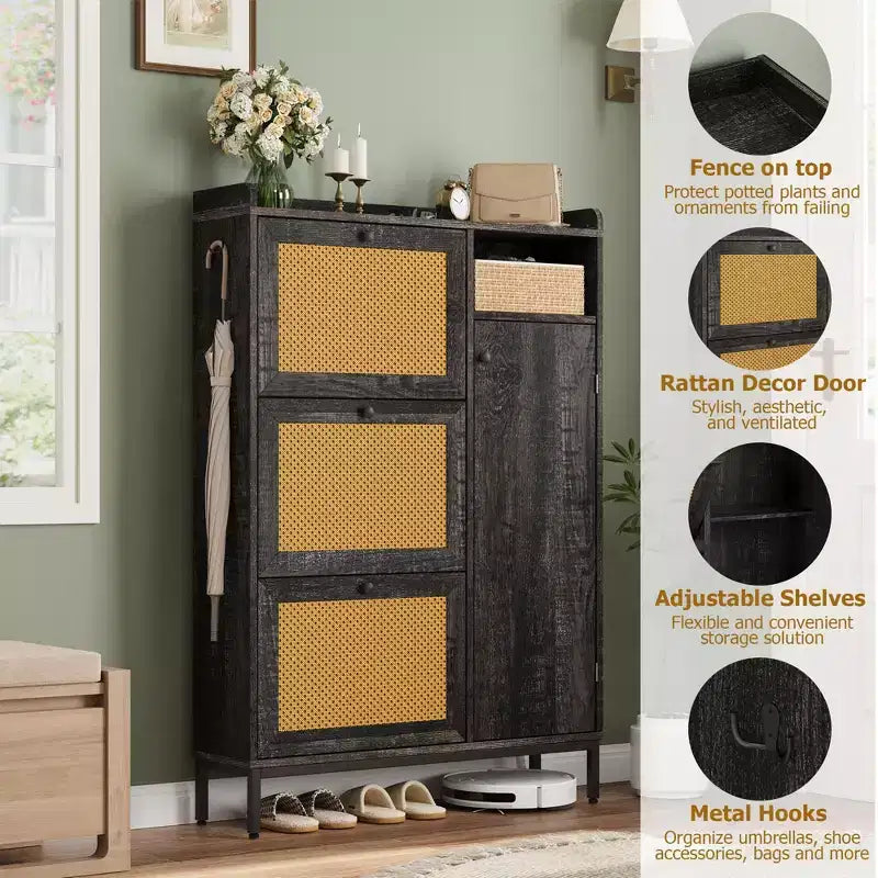 Meuble à chaussures 4 niveaux Acekool en rotin avec 3 tiroirs basculants, organiseur d'entrée peu encombrant pour couloir et placard
