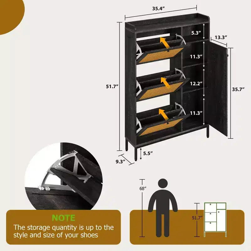 Meuble à chaussures 4 niveaux Acekool en rotin avec 3 tiroirs basculants, organiseur d'entrée peu encombrant pour couloir et placard