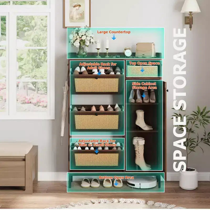Meuble à chaussures 4 niveaux Acekool en rotin avec 3 tiroirs basculants, organiseur d'entrée peu encombrant pour couloir et placard