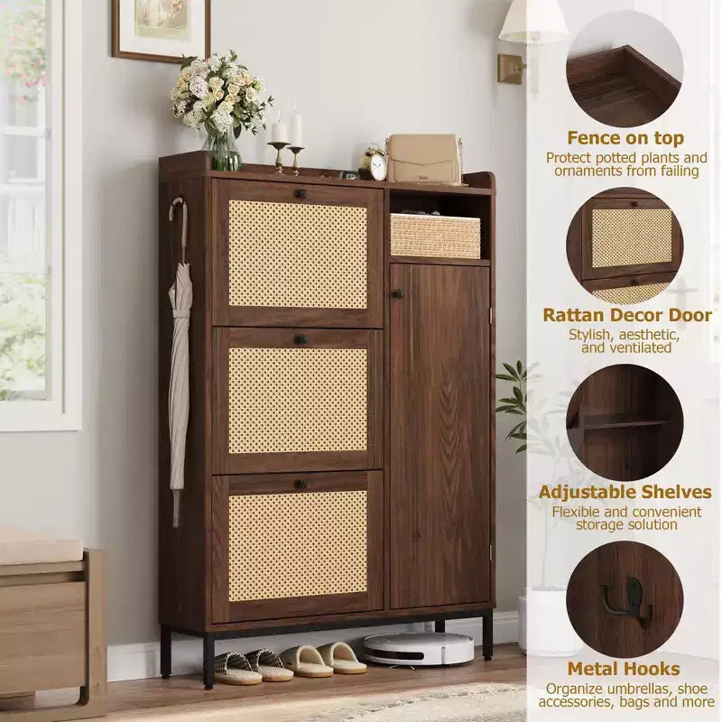 Meuble à chaussures 4 niveaux Acekool en rotin avec 3 tiroirs basculants, organiseur d'entrée peu encombrant pour couloir et placard