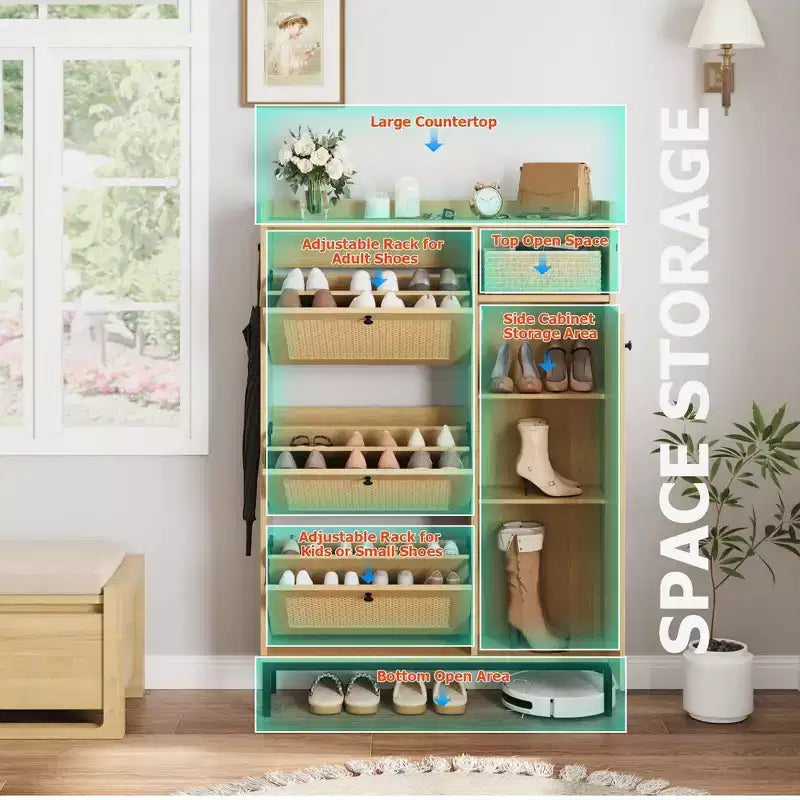Meuble à chaussures 4 niveaux Acekool en rotin avec 3 tiroirs basculants, organiseur d'entrée peu encombrant pour couloir et placard