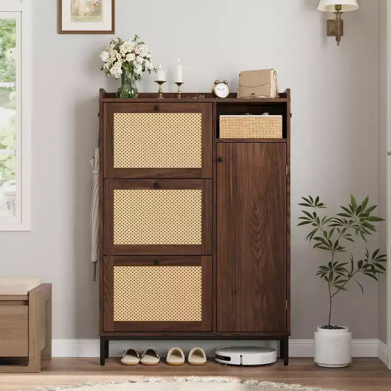 Meuble à chaussures 4 niveaux Acekool en rotin avec 3 tiroirs basculants, organiseur d'entrée peu encombrant pour couloir et placard