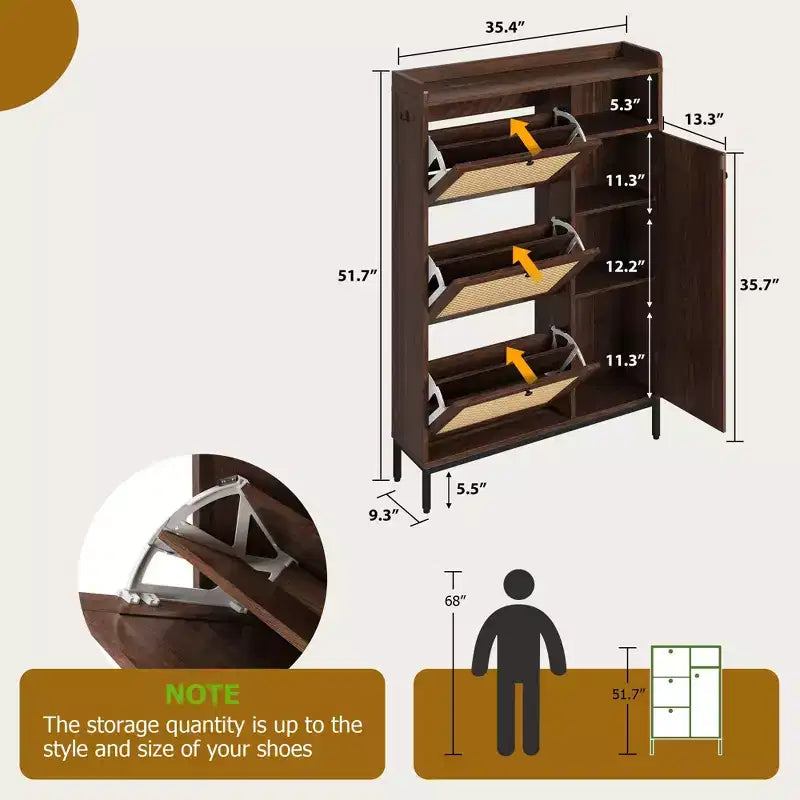 Meuble à chaussures 4 niveaux Acekool en rotin avec 3 tiroirs basculants, organiseur d'entrée peu encombrant pour couloir et placard