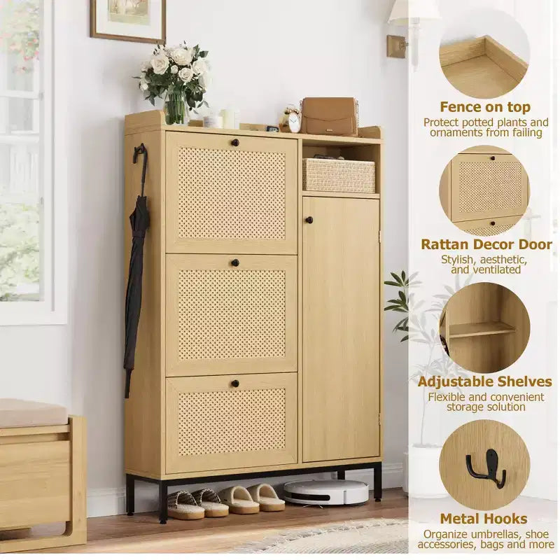 Meuble à chaussures 4 niveaux Acekool en rotin avec 3 tiroirs basculants, organiseur d'entrée peu encombrant pour couloir et placard