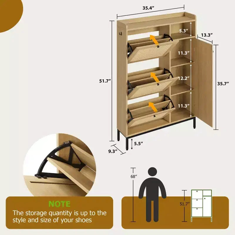 Meuble à chaussures 4 niveaux Acekool en rotin avec 3 tiroirs basculants, organiseur d'entrée peu encombrant pour couloir et placard