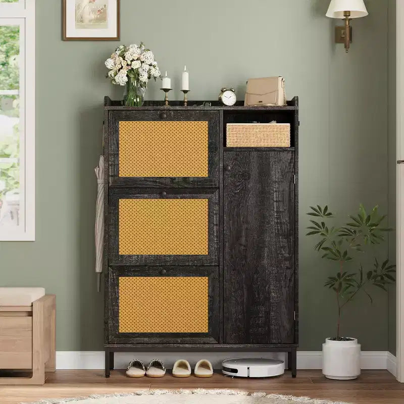 Meuble à chaussures 4 niveaux Acekool en rotin avec 3 tiroirs basculants, organiseur d'entrée peu encombrant pour couloir et placard
