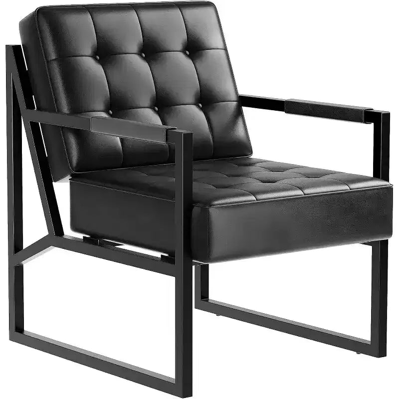 Mid Century Modern Accent Chair, PU Leather Upholstered Armchair with Thick Cushion & Sturdy Metal Frame, Retro Lounge Chair for Living Room Bedroom