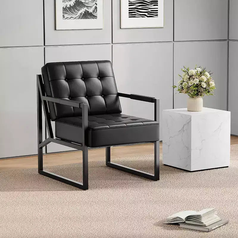 Fauteuil d'appoint moderne du milieu du siècle, fauteuil rembourré en cuir PU avec coussin épais et cadre métallique robuste, fauteuil de salon rétro pour chambre à coucher