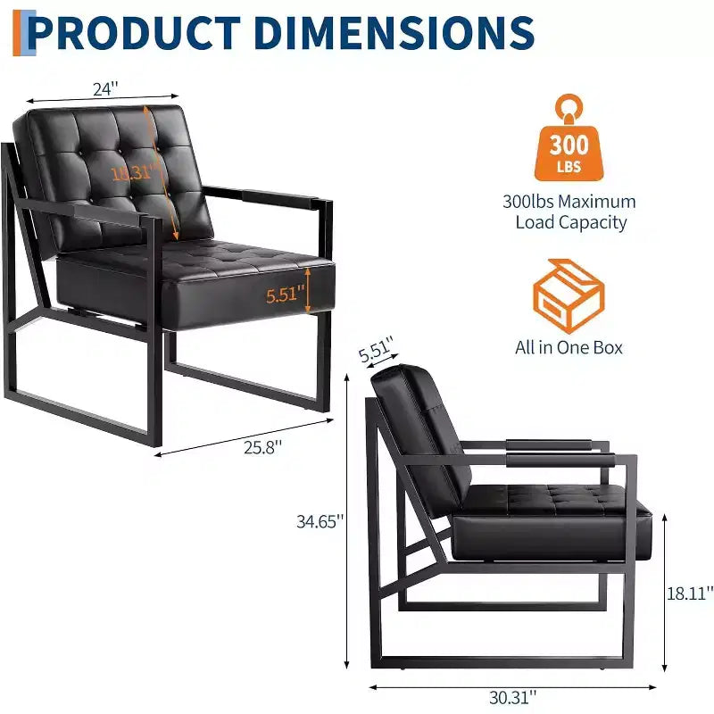 Fauteuil d'appoint moderne du milieu du siècle, fauteuil rembourré en cuir PU avec coussin épais et cadre métallique robuste, fauteuil de salon rétro pour chambre à coucher